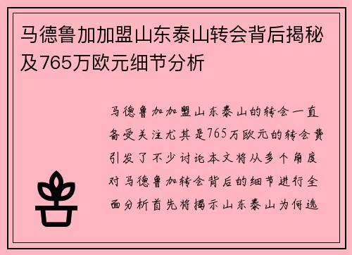 马德鲁加加盟山东泰山转会背后揭秘及765万欧元细节分析