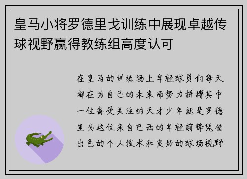 皇马小将罗德里戈训练中展现卓越传球视野赢得教练组高度认可