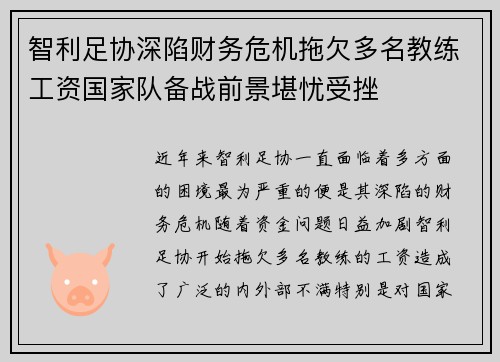智利足协深陷财务危机拖欠多名教练工资国家队备战前景堪忧受挫